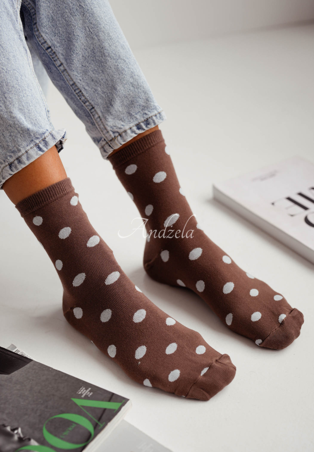 Długie skarpetki w groszki Little Dots czekoladowe