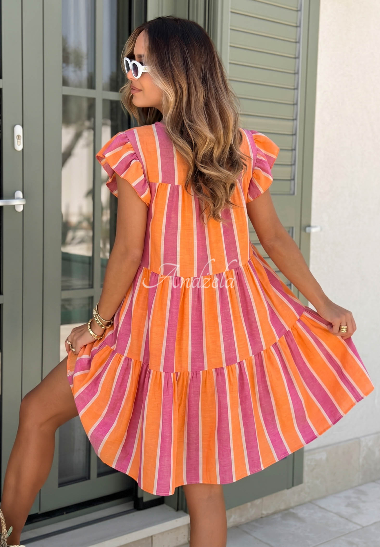 Island Sunshine Pink and Orange Cotton Dress with Ruffles and Colorful Stripes