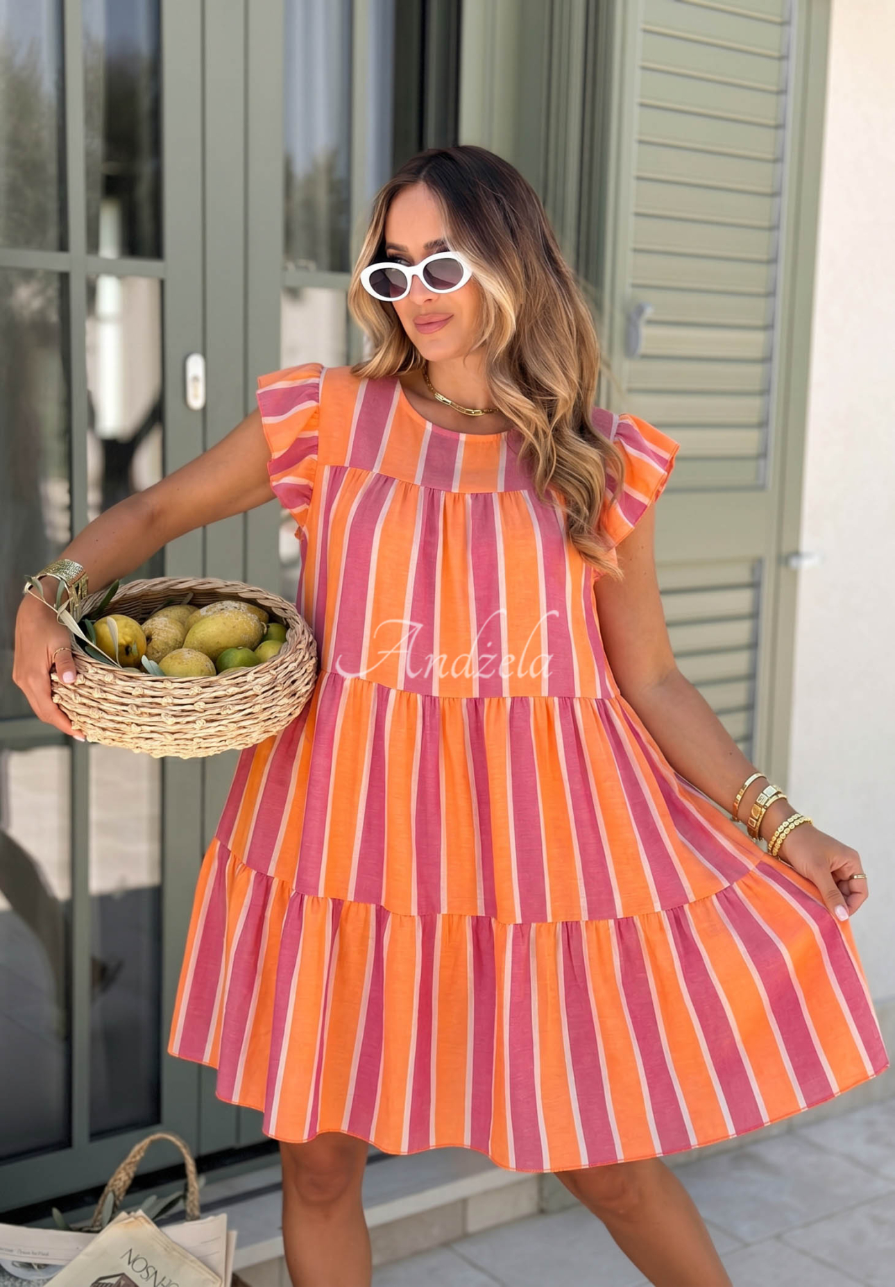Island Sunshine Pink and Orange Cotton Dress with Ruffles and Colorful Stripes