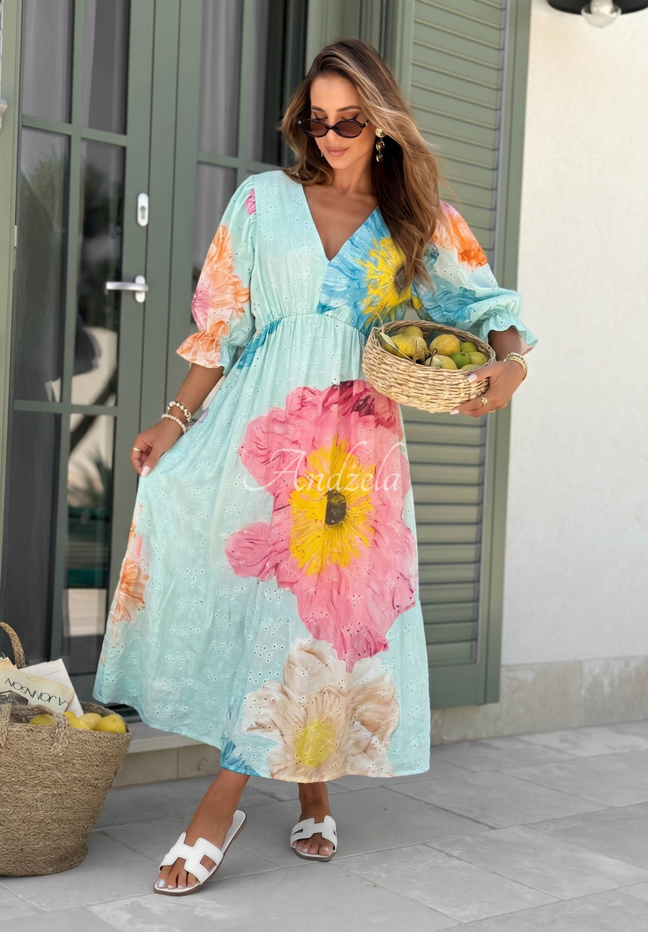 Pretty Peony Light Blue Floral Openwork Cotton Maxi Dress