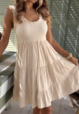 Here I Am Beige Cotton Dress with Ruffles