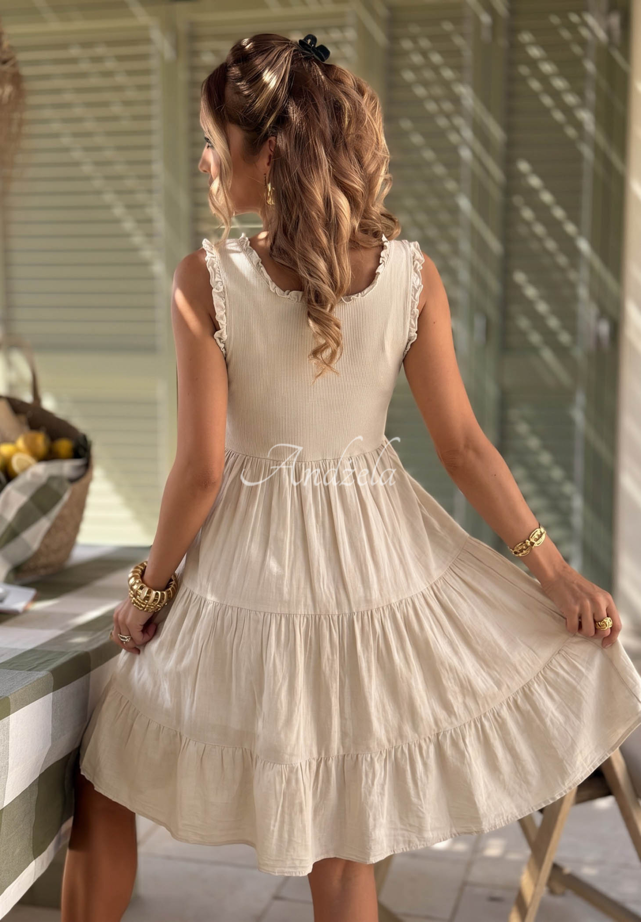 Here I Am Beige Cotton Dress with Ruffles