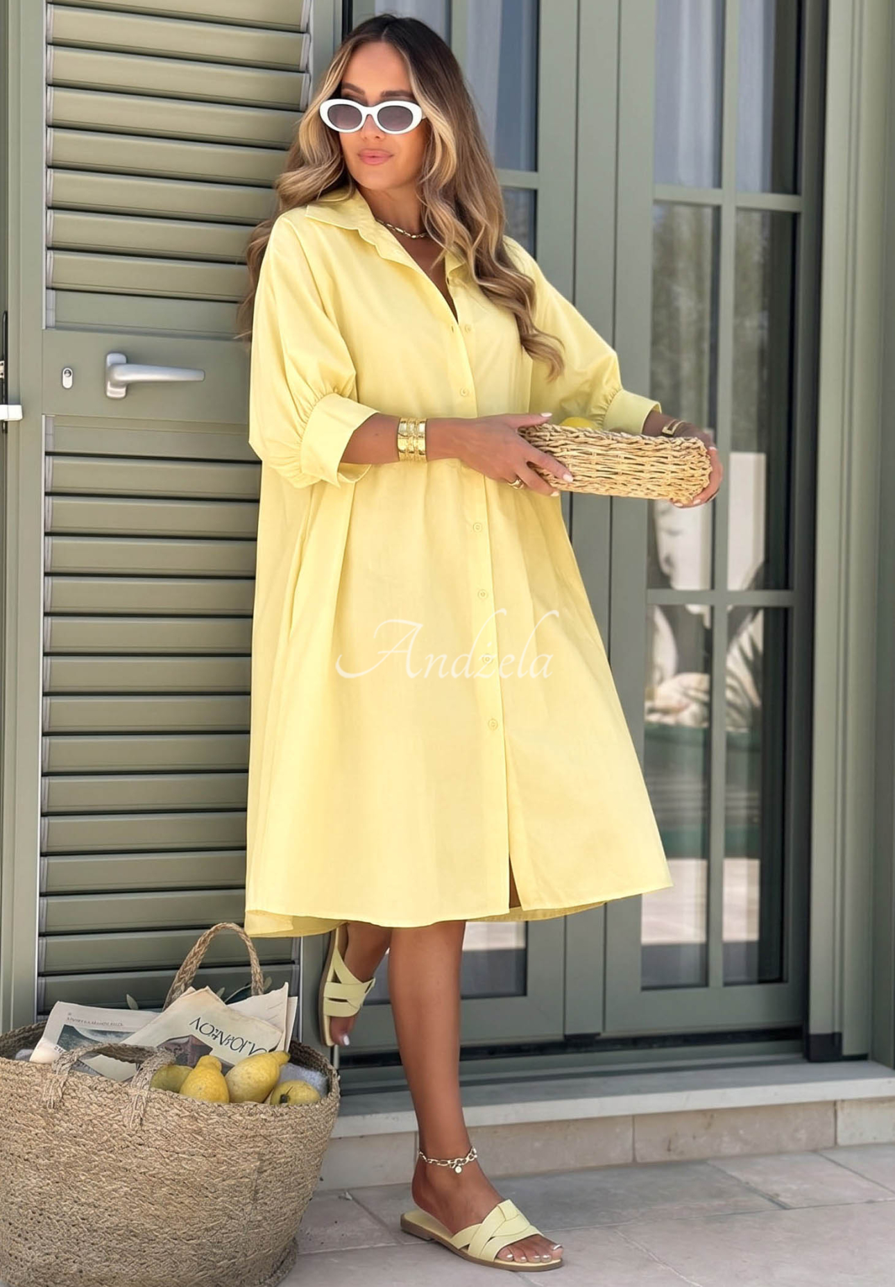 Yellow "Summer Paradise" cotton shirt dress with embroidery