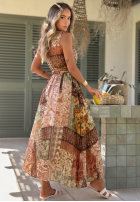 Wzorzysta sukienka midi na ramiączkach z paskiem Dolce Sunset czekoladowa