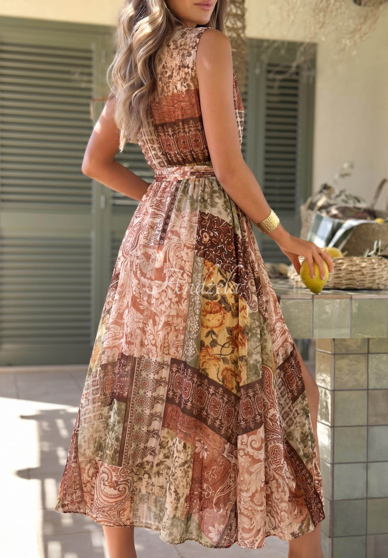 Patterned Tencel midi dress with a belt – Dolce Sunset Chocolate