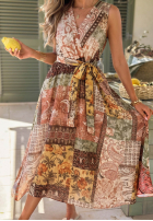 Wzorzysta sukienka midi na ramiączkach z paskiem Dolce Sunset czekoladowa