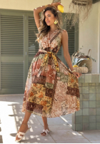 Wzorzysta sukienka midi na ramiączkach z paskiem Dolce Sunset czekoladowa