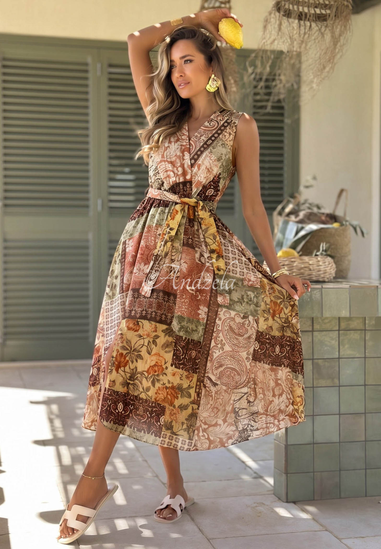 Patterned Tencel midi dress with a belt – Dolce Sunset Chocolate