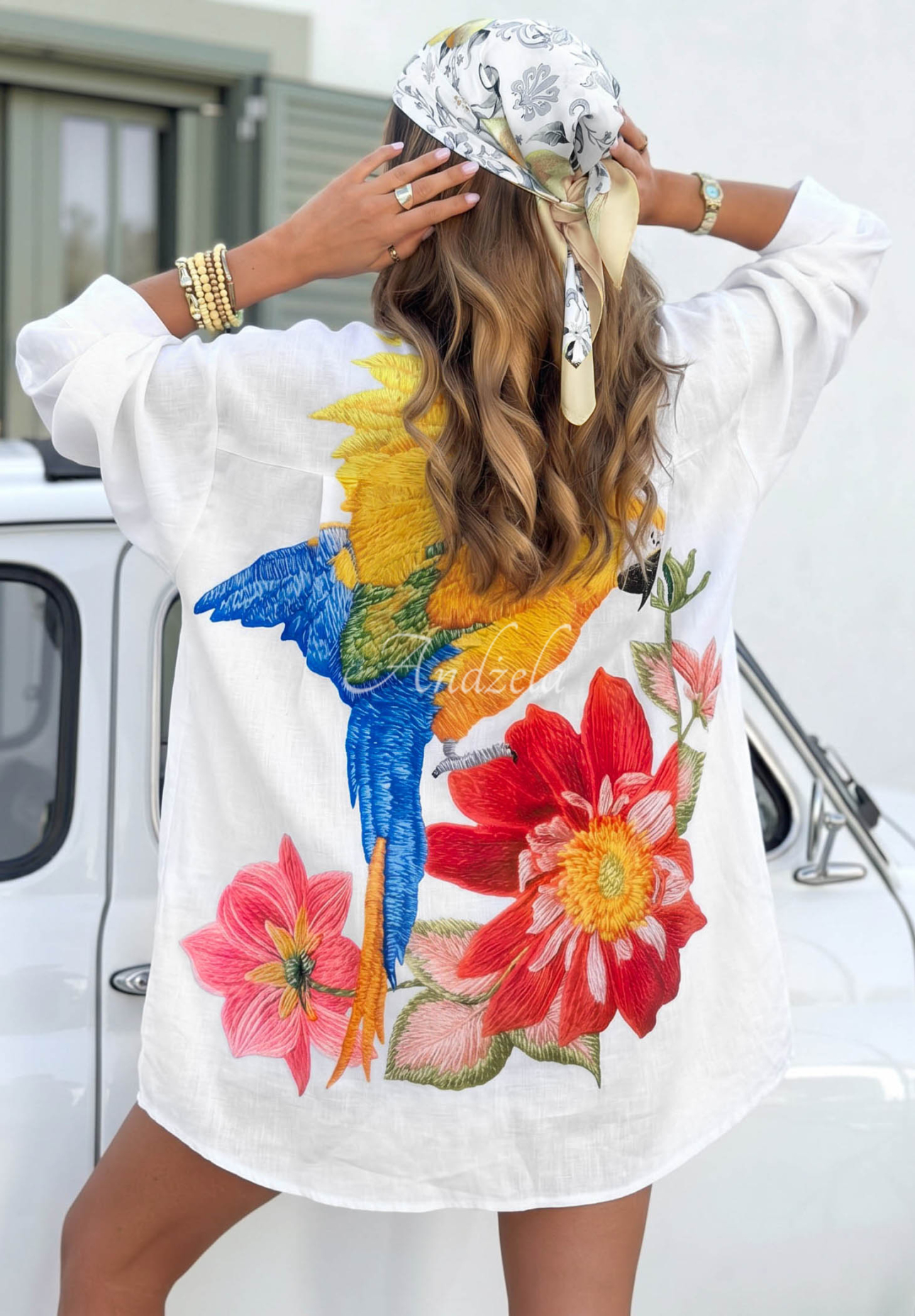 White linen asymmetrical shirt with Tropical Parrot prints