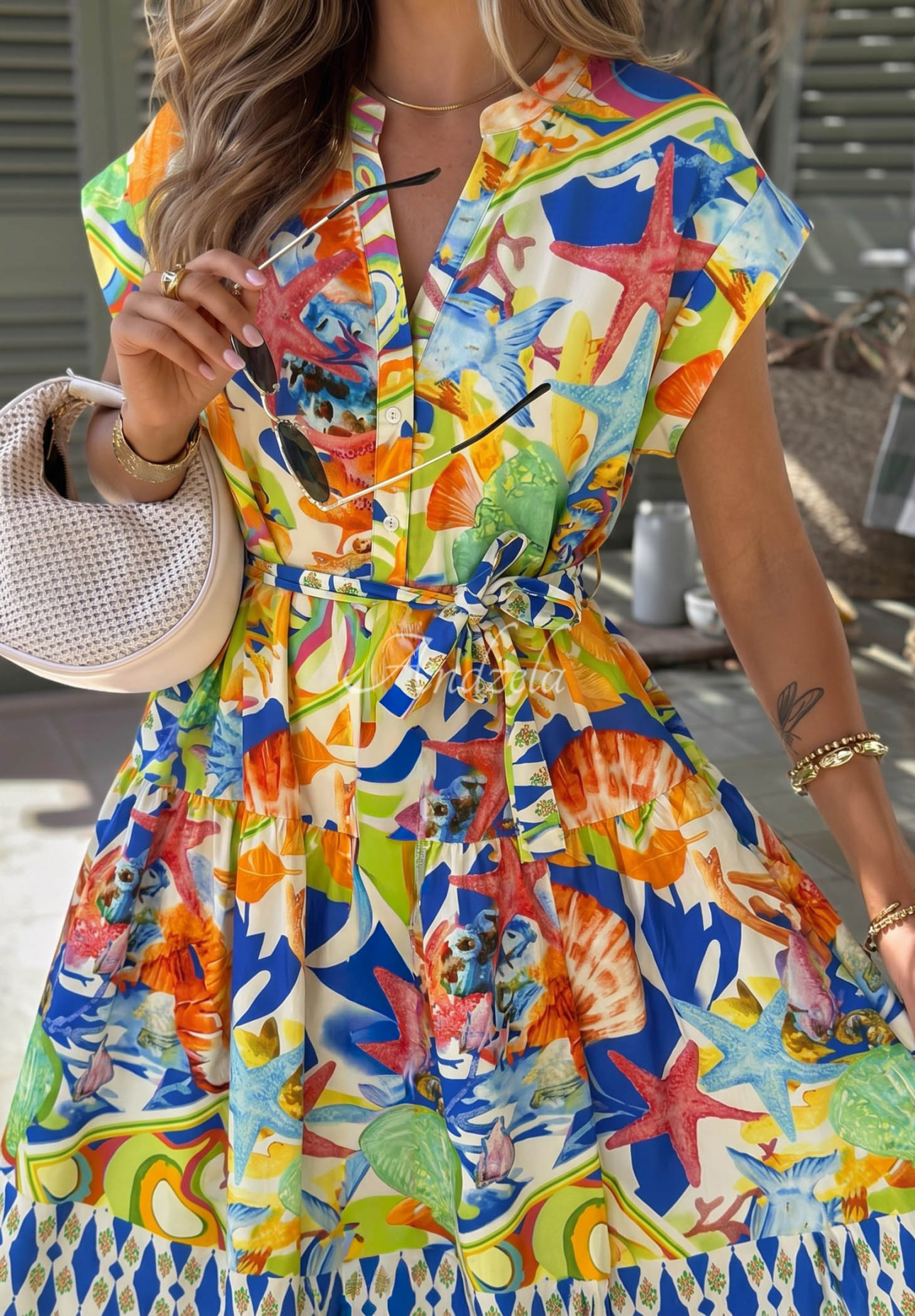 Undersea Life navy blue and orange patterned cotton midi dress with a belt