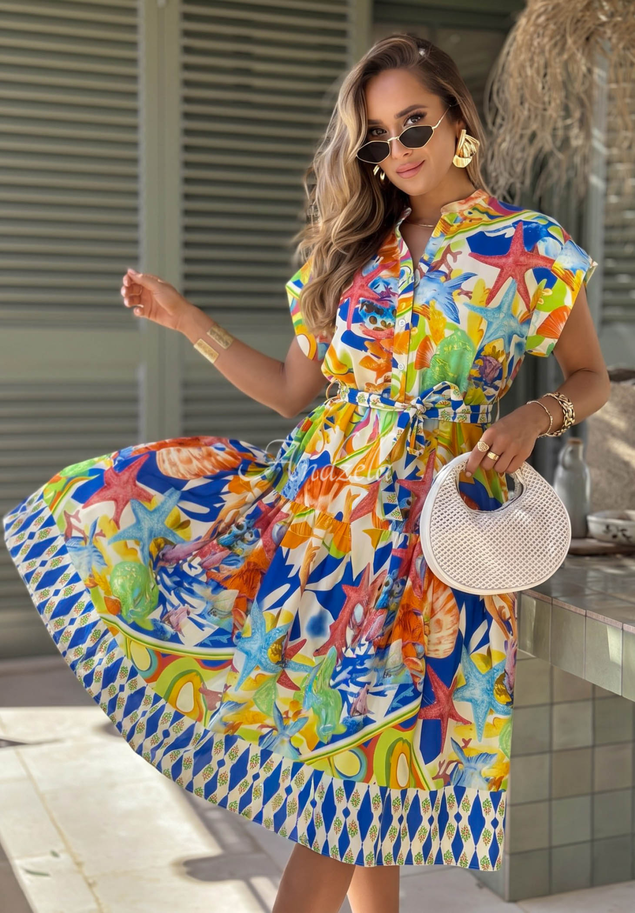 Undersea Life navy blue and orange patterned cotton midi dress with a belt