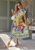 Wzorzysta sukienka midi z paskiem Undersea Life granatowo-pomarańczowa