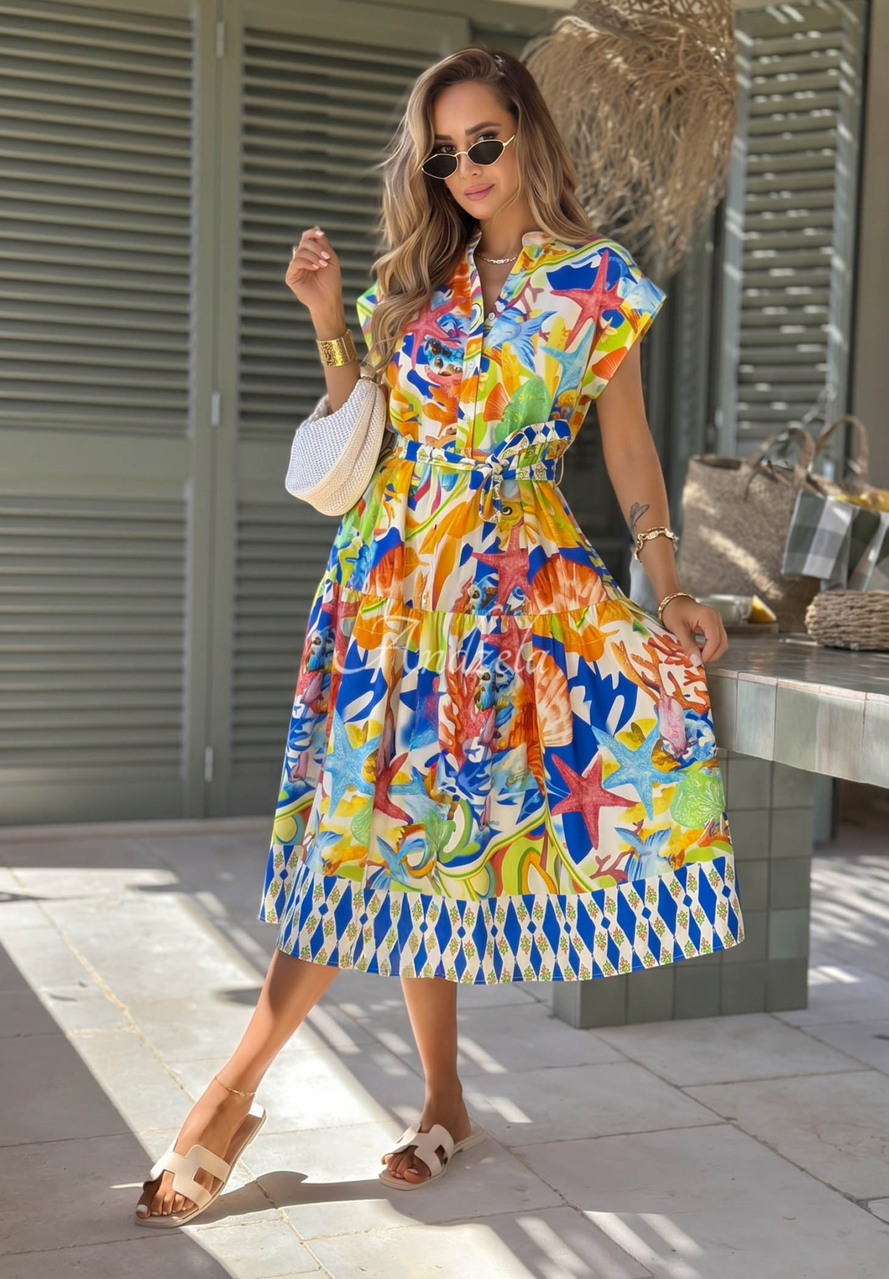 Undersea Life navy blue and orange patterned cotton midi dress with a belt