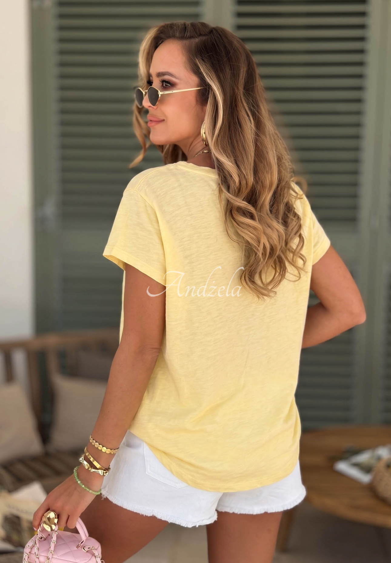 Ażurowy bawełniany T-shirt z dekoltem Sol Riviera żółty