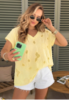 Ażurowy T-shirt z dekoltem Sol Riviera mokka