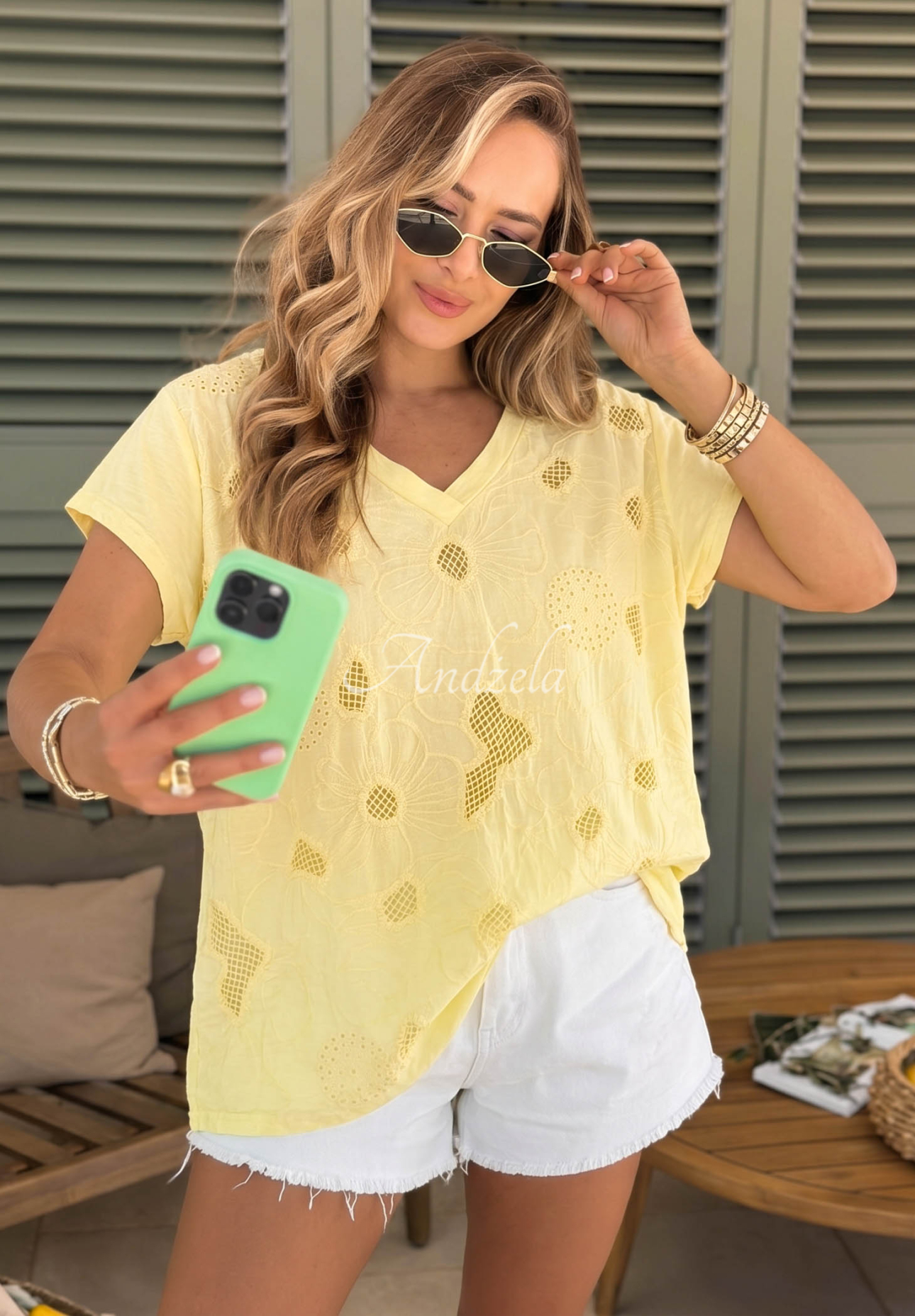 Sol Riviera Yellow Openwork Cotton T-Shirt with Neckline