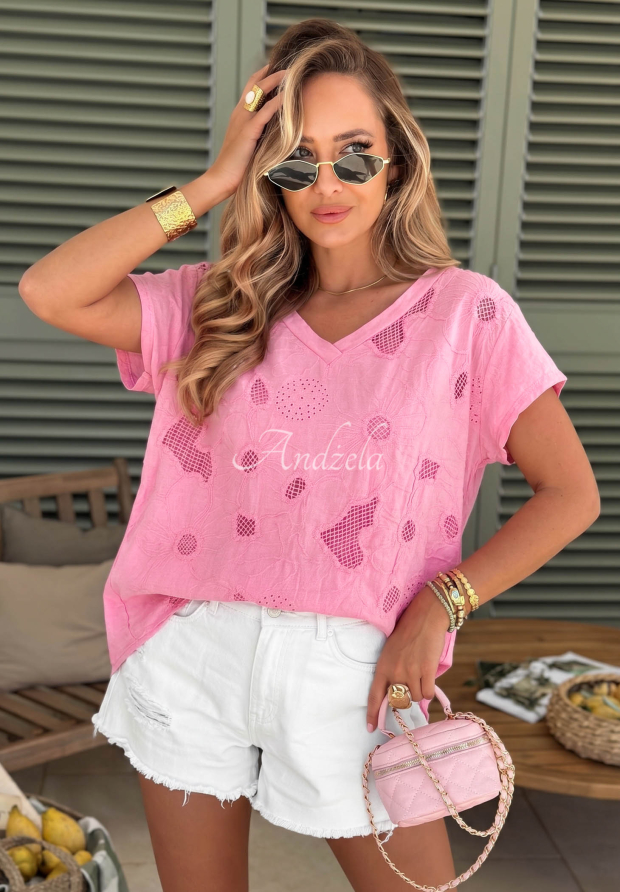 Ażurowy bawełniany T-shirt z dekoltem Sol Riviera r&oacute;żowy