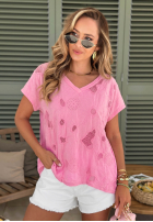 Ażurowy T-shirt z dekoltem Sol Riviera mokka