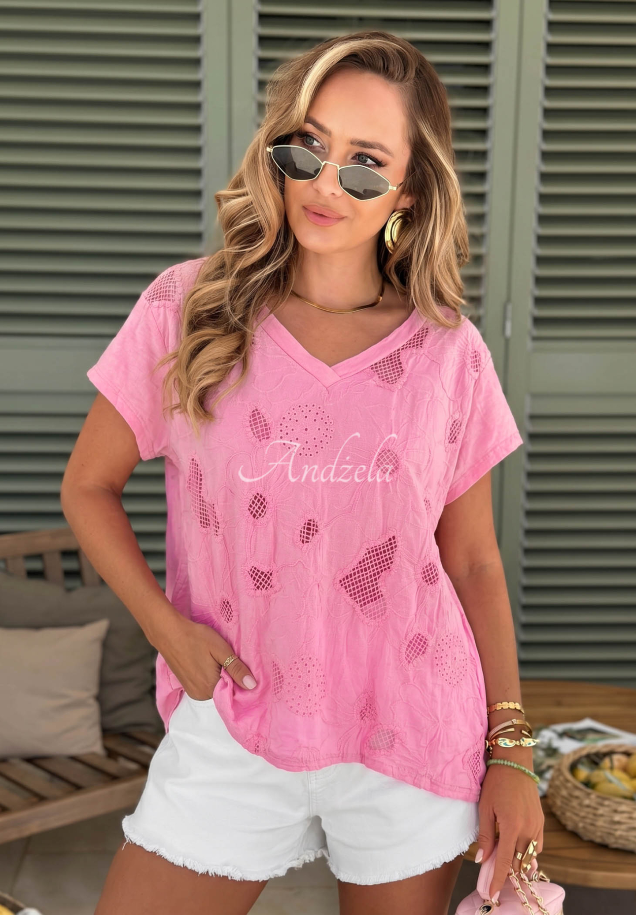 Sol Riviera Pink Openwork Cotton T-Shirt with Neckline
