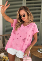 Ażurowy T-shirt z dekoltem Sol Riviera mokka