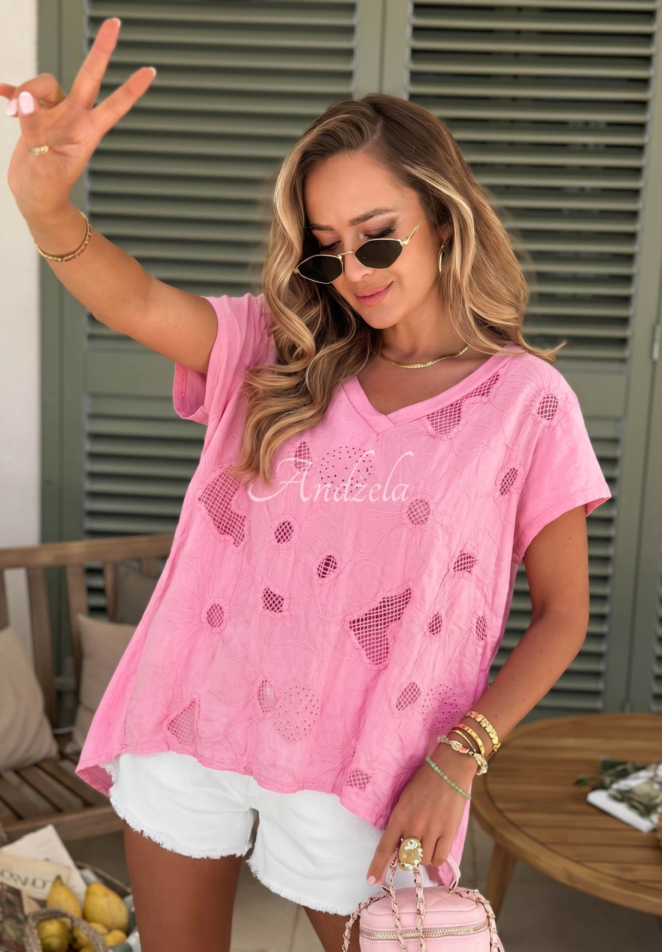 Sol Riviera Pink Openwork Cotton T-Shirt with Neckline