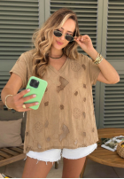 Ażurowy T-shirt z dekoltem Sol Riviera mokka