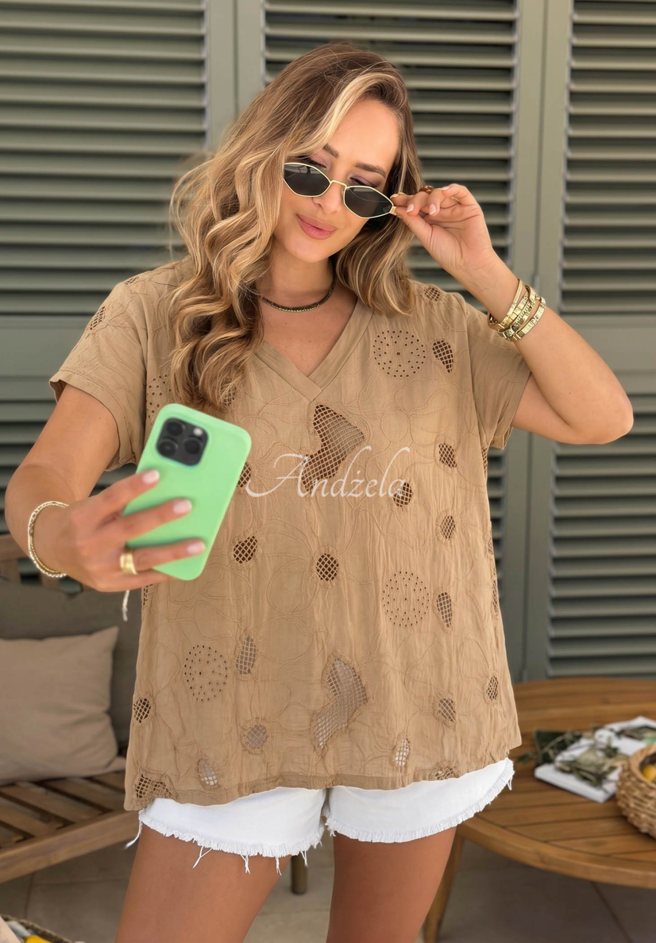 Sol Riviera Moka Openwork Cotton T-Shirt with Neckline