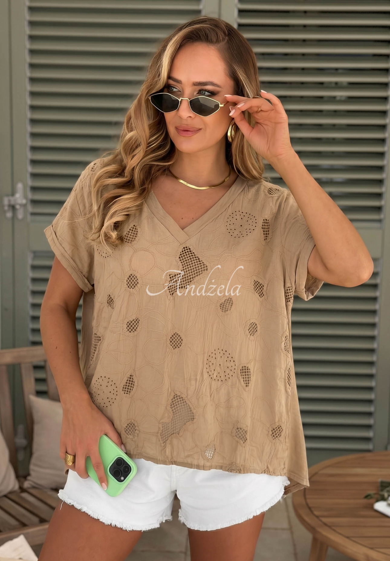 Sol Riviera Moka Openwork Cotton T-Shirt with Neckline
