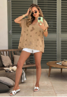 Ażurowy T-shirt z dekoltem Sol Riviera mokka