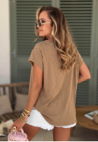 Ażurowy T-shirt z dekoltem Sol Riviera mokka