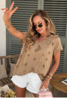 Ażurowy T-shirt z dekoltem Sol Riviera mokka