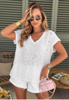 Ażurowy T-shirt z dekoltem Sol Riviera mokka