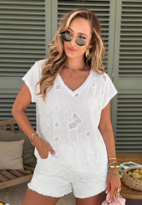Ażurowy bawełniany T-shirt z dekoltem Sol Riviera biały