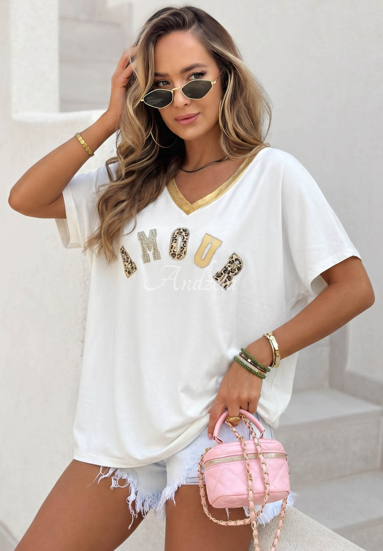 Bawełniany T-shirt z panterkowym nadrukiem Amour biały