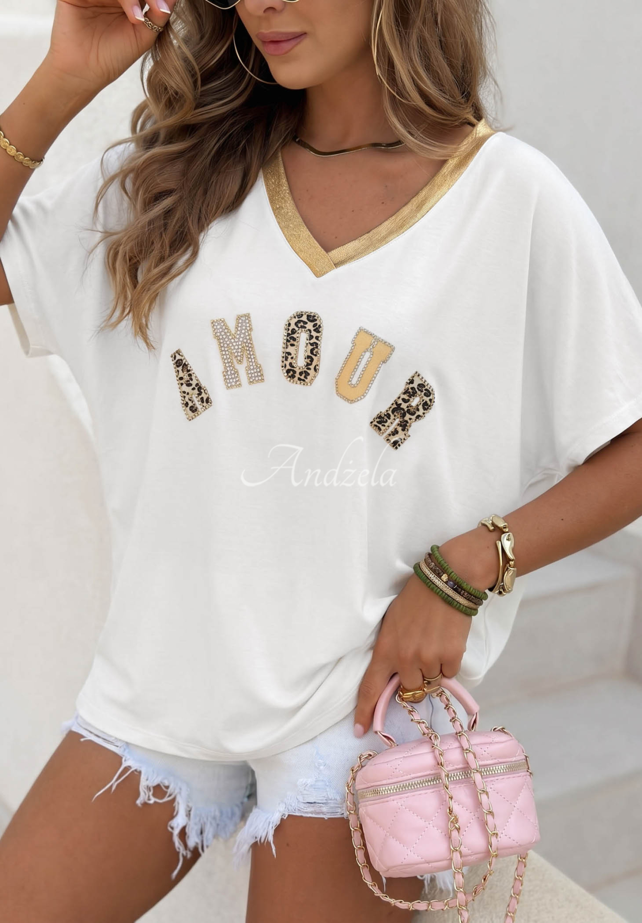 Bawełniany T-shirt z panterkowym nadrukiem Amour biały