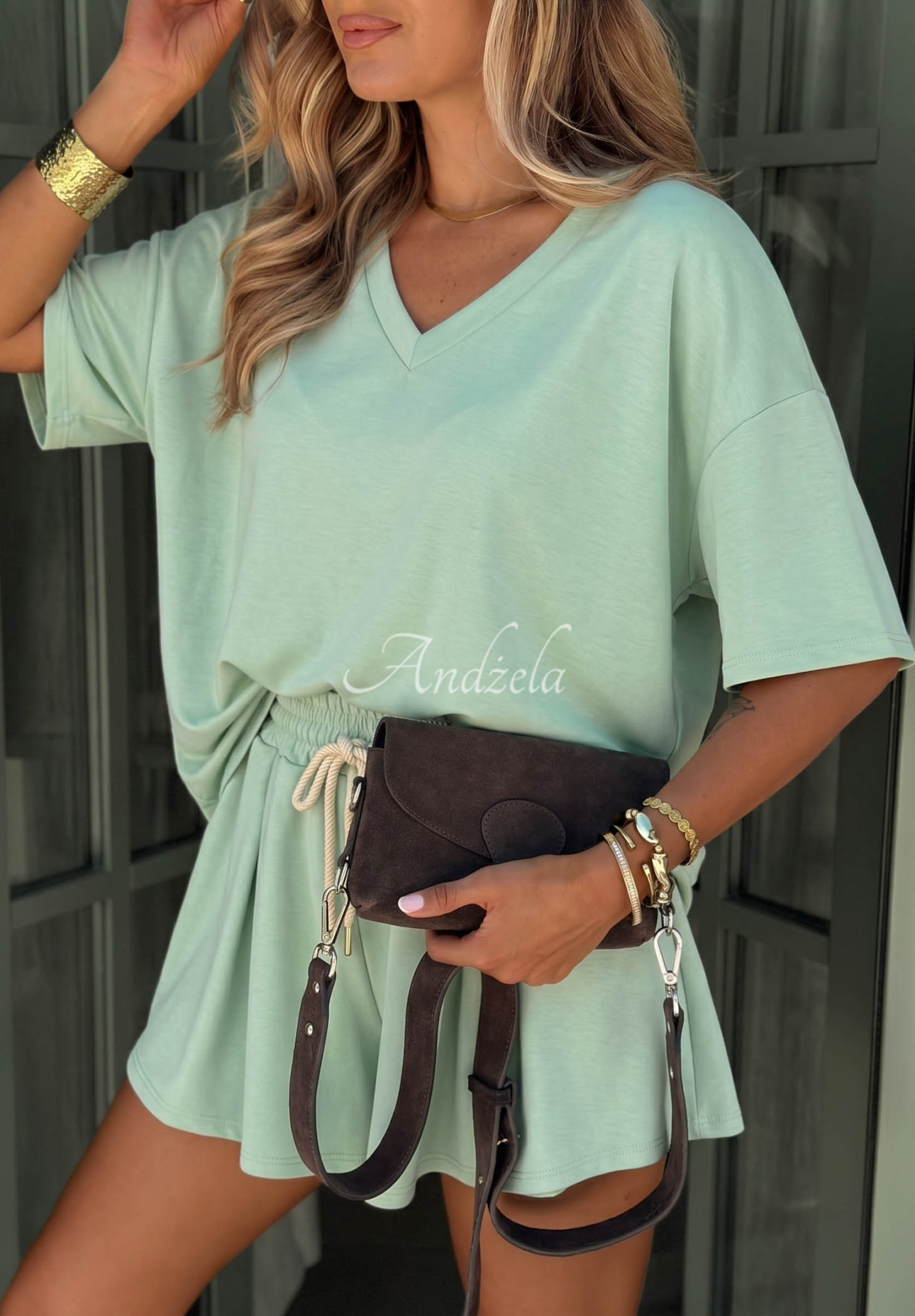 Viscose tracksuit set: "Masełko" T-shirt and shorts in Willy pistachio