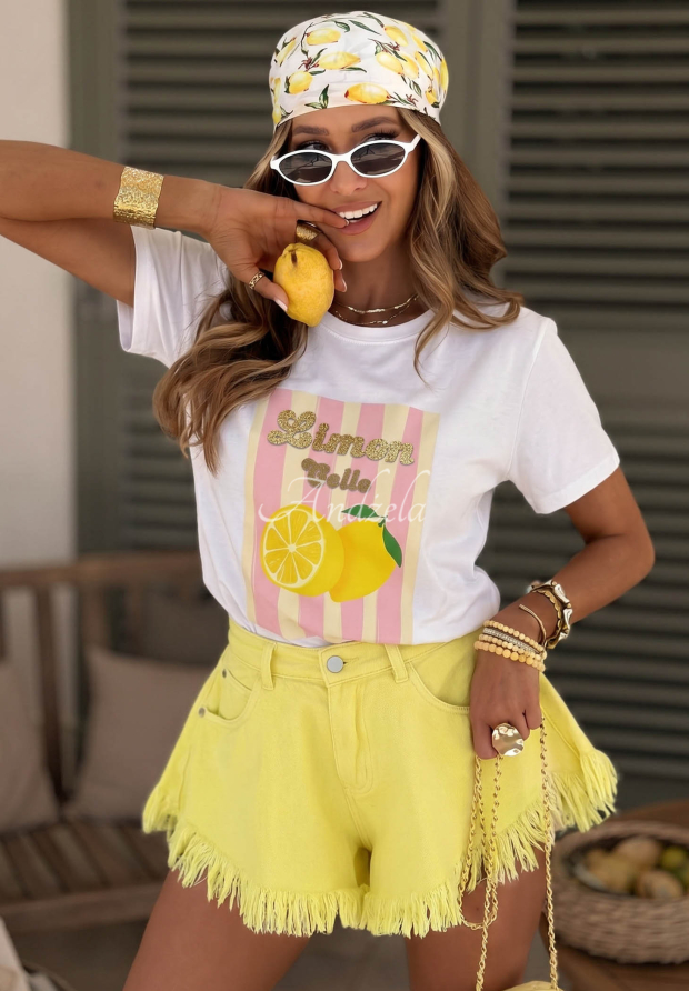 Bawełniany t-shirt z nadrukiem w paski Limon Gelato biało-r&oacute;żowy