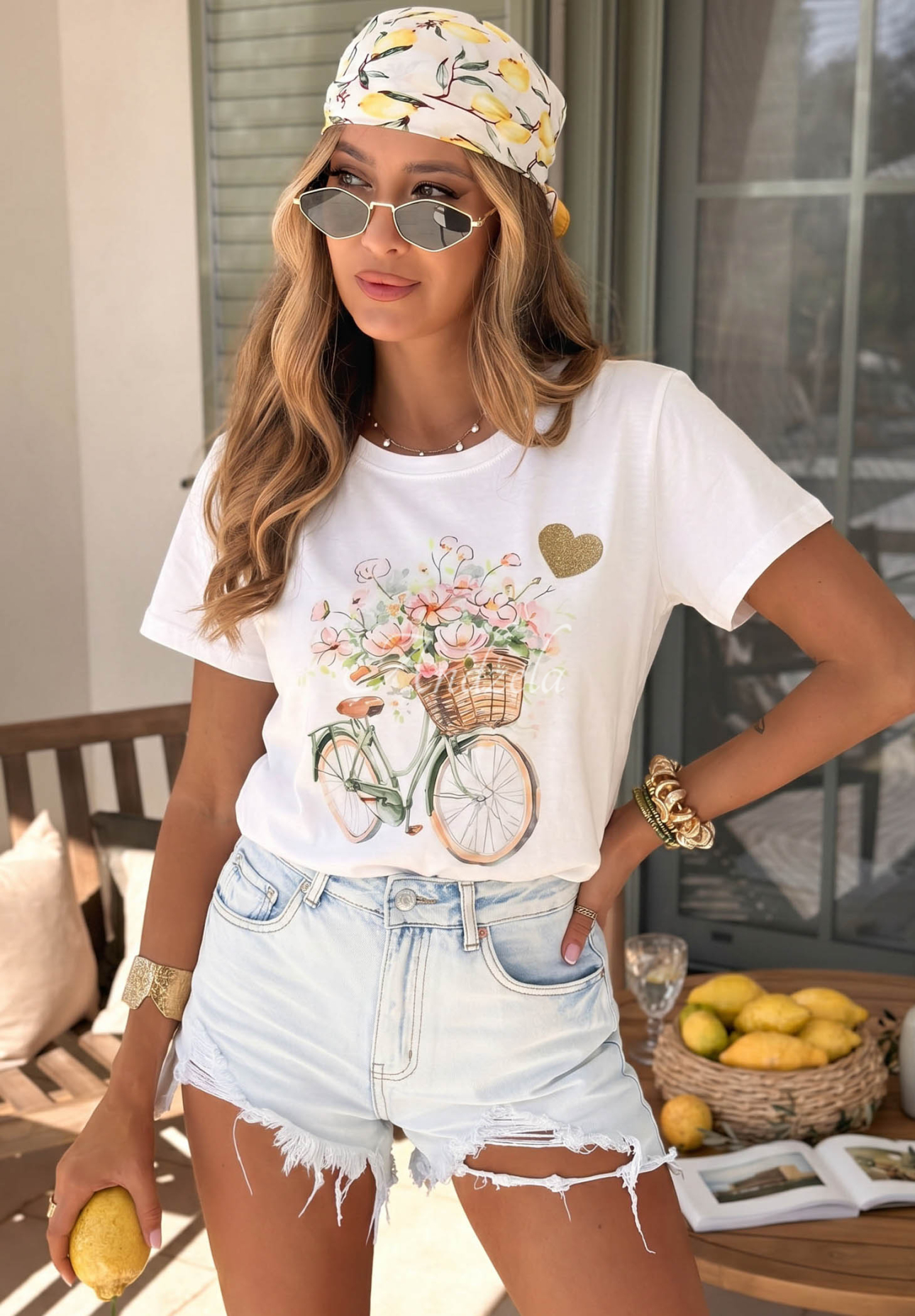 Bawełniany T-shirt z nadrukiem Flowery Bike ecru