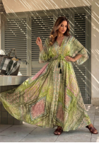 Wzorzysta sukienka maxi z szerokimi rękawami Sun Rituals pistacjowa