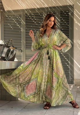 Sun Rituals Pistachio-Colored Patterned Maxi Dress with Wide Sleeves