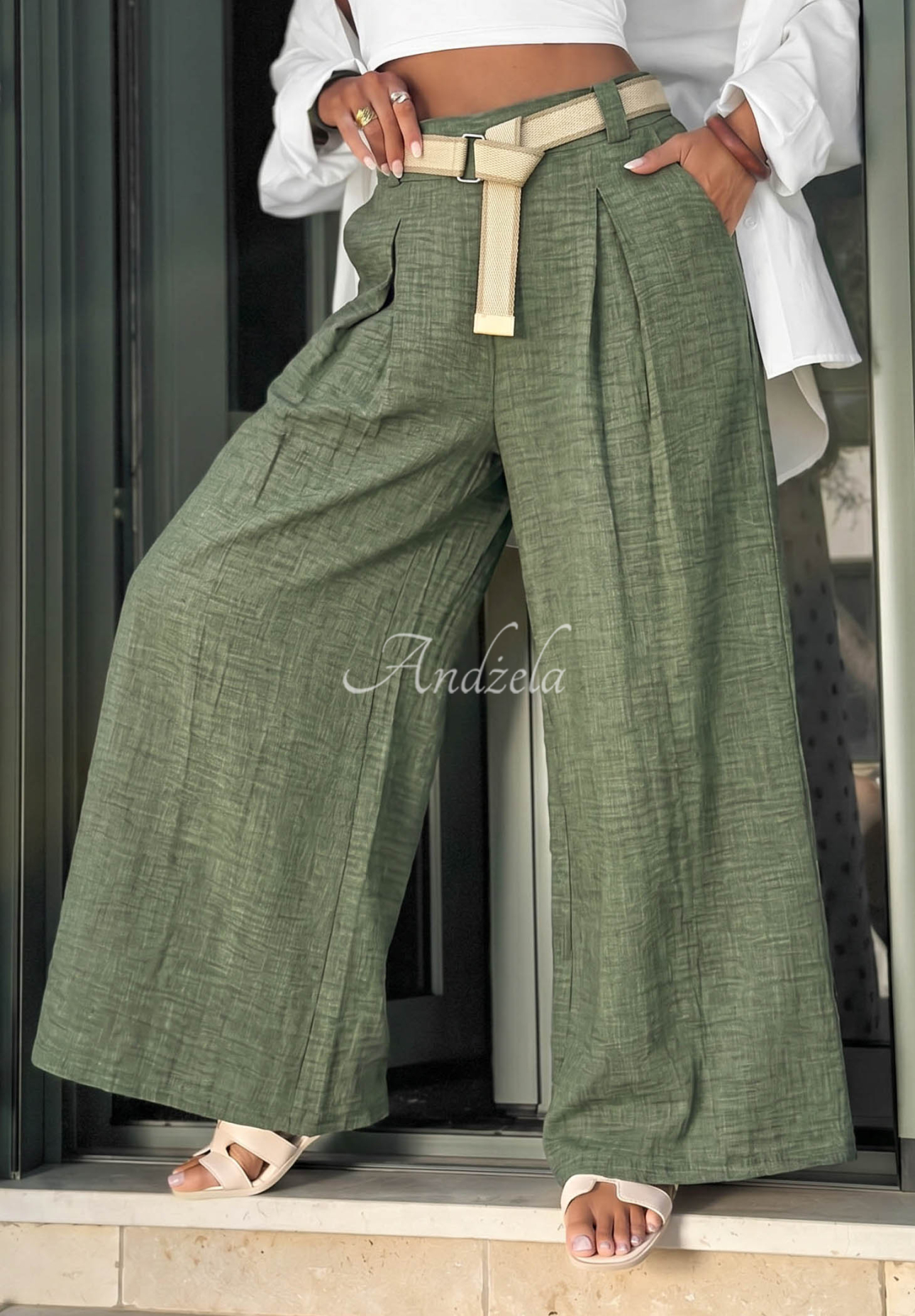 Summer Aura khaki wide-leg fabric pants with a belt
