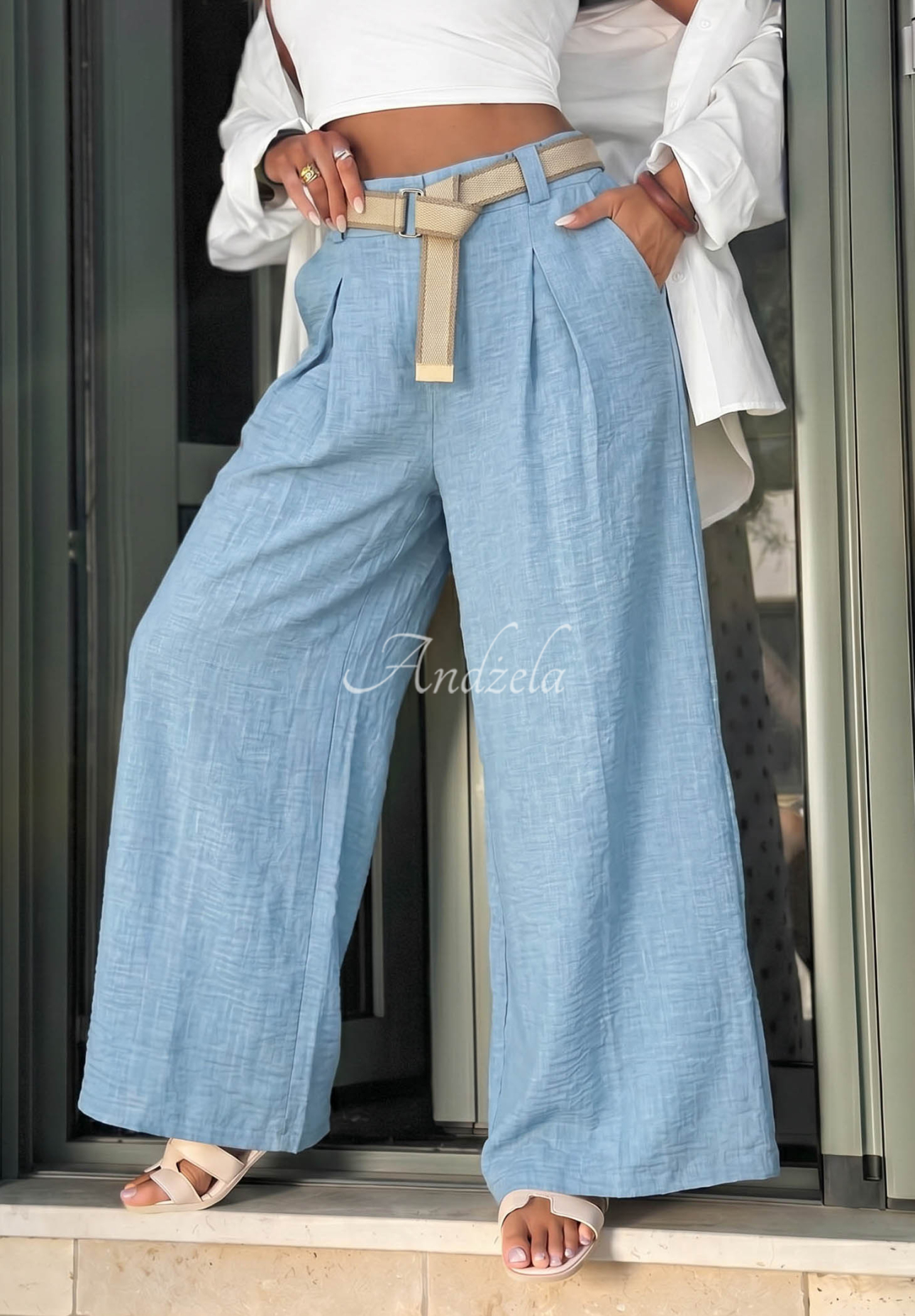 Summer Aura wide-leg fabric pants with a belt in sky blue