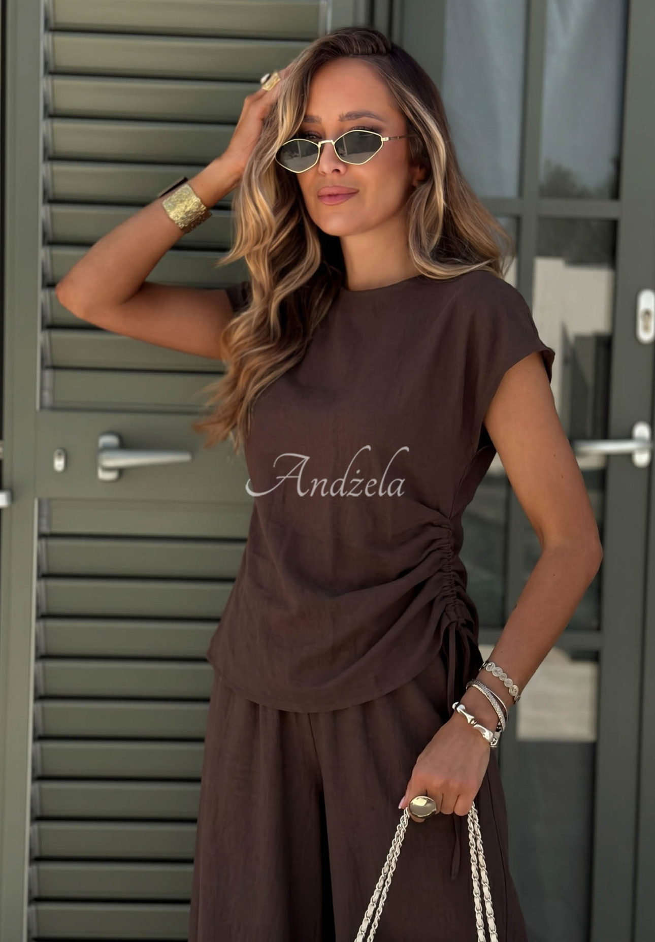 Glow Mood Chocolate Cotton and Viscose Blouse and Pants Set