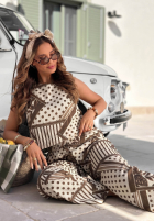 Wzorzyste spodnie wide leg w groszki Coffee Break biało-czekoladowe