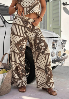 Wzorzyste spodnie wide leg w groszki z bawełny Coffee Break biało-czekoladowe