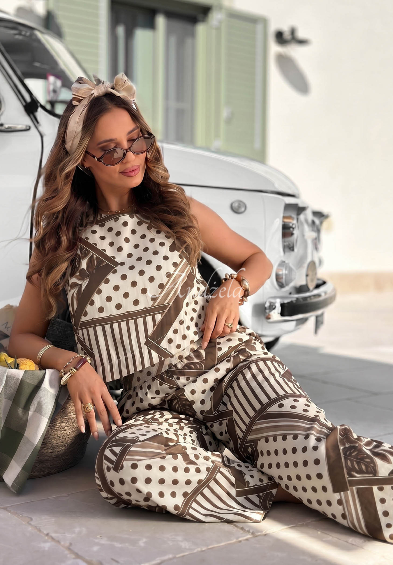 Coffee Break white and chocolate-colored cotton polka-dot top