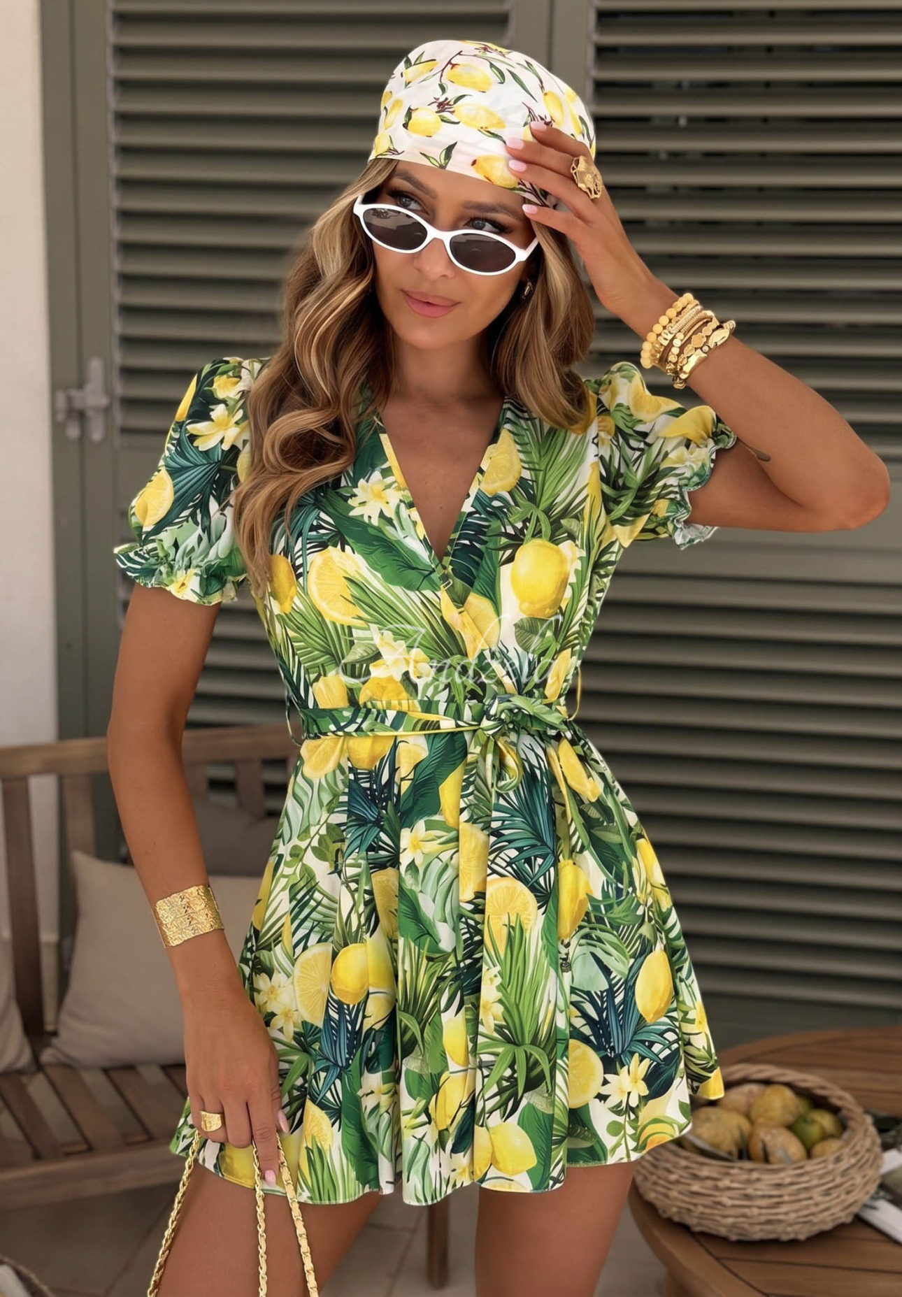 Lemon Coast Green and Yellow Lemon-Print Mini Dress