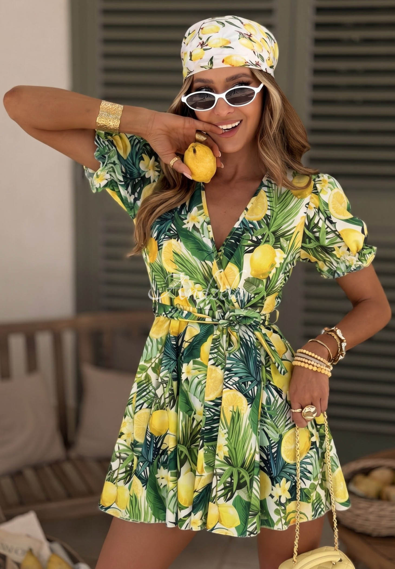 Lemon Coast Green and Yellow Lemon-Print Mini Dress
