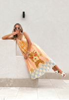 Plisowana wiskozowa Dress midi patterned Italian Palms błękitno-pink