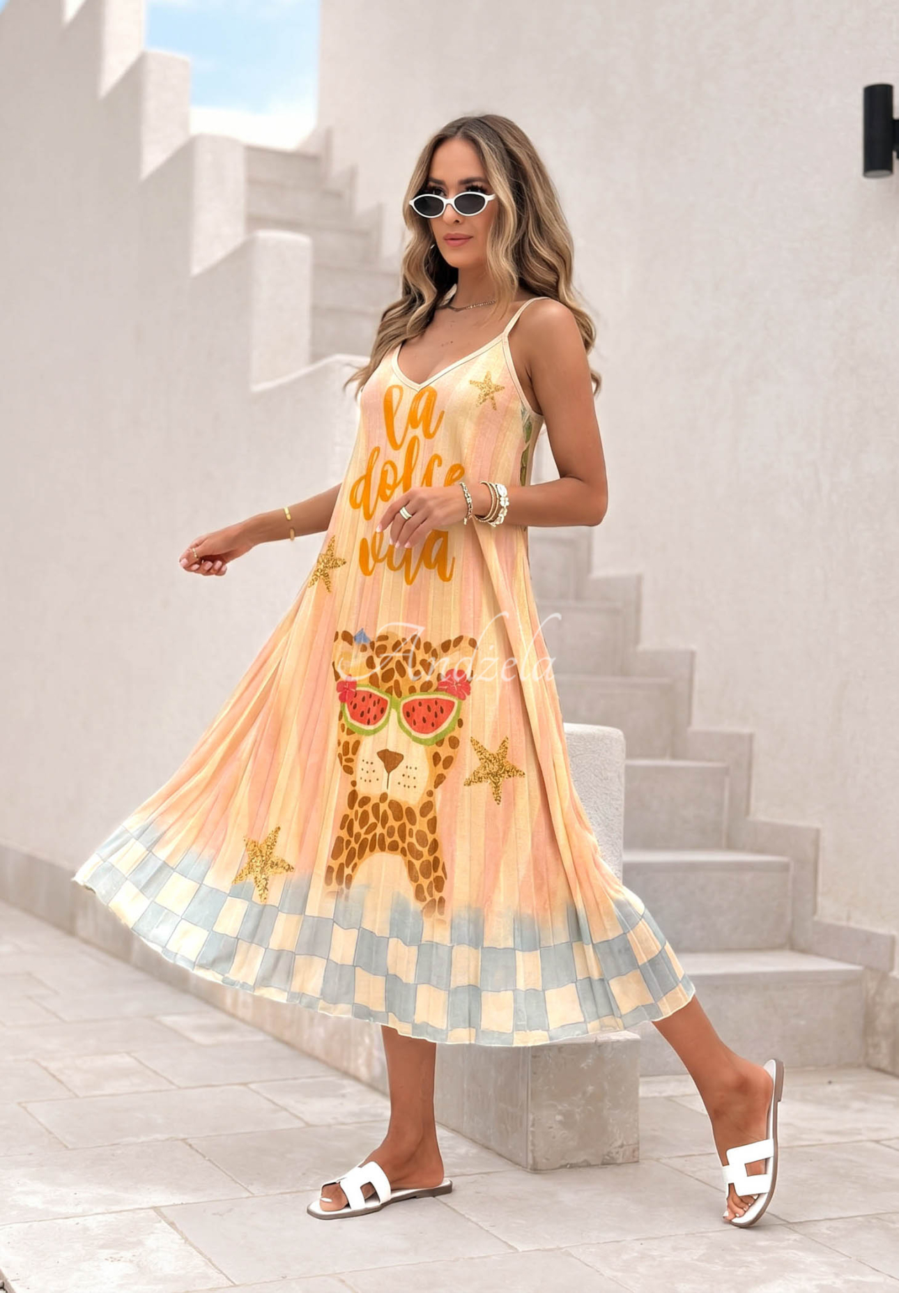 Pleated viscose midi dress with an Italian Palms pattern in blue and pink